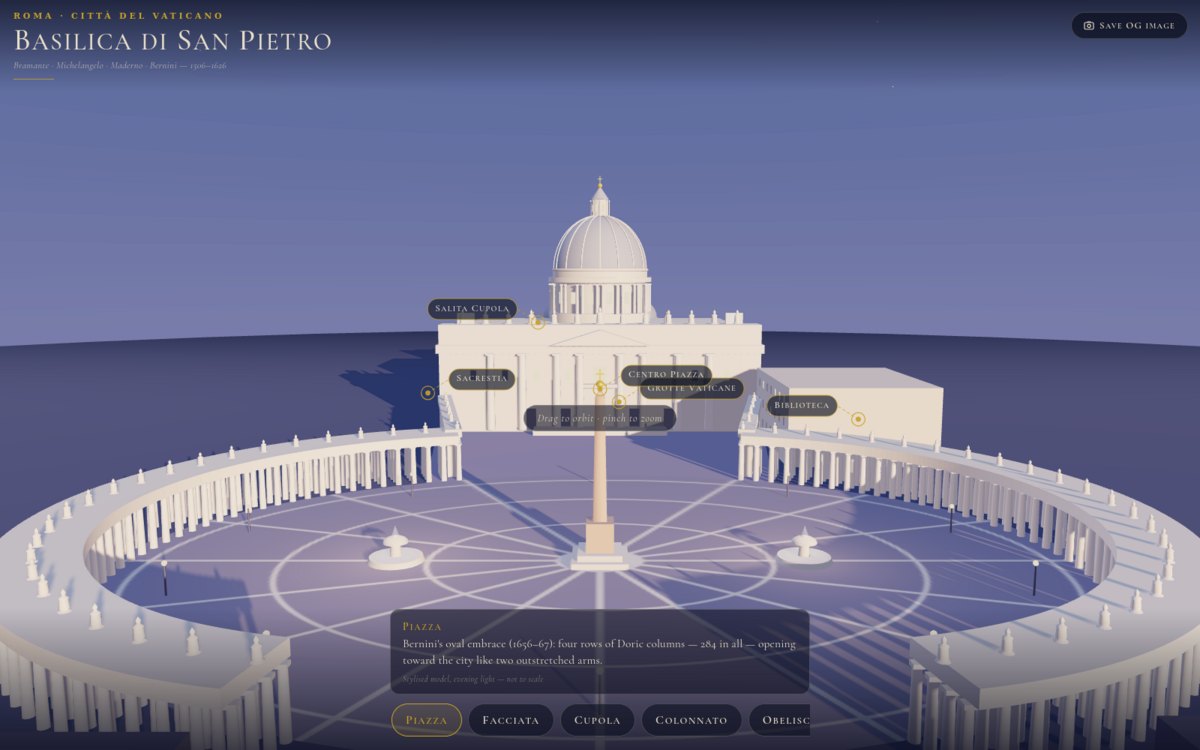 St. Peter’s Basilica rendered in Three.js — the dome, Bernini’s colonnade and the obelisk at dusk